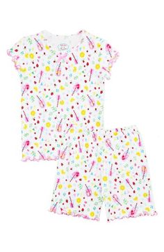 These irresistibly cute and comfy PJs are cut from soft cotton in a short style that's perfect for keeping your little one cool on hot nights. Ruffled lettuce edges and a vibrant print add to the sweet sleepy-time charm. This item is designed to fit snugly, as it is not flame-resistant Shorts have elastic waist 100% cotton Machine wash, tumble dry Imported Kids' Wear Cute Cotton Sleepwear For Sleepover, Cute Cotton Pajama Shorts For Sleep, Cute Multicolor Cotton Sleepwear, Sweet Cotton Sleepwear For Pajama Party, Sweet Sleepwear For Spring Sleepover, Sweet Sleepwear For Sleepover In Spring, Sweet Spring Sleepwear, Sweet Sleepwear For Sleepovers In Spring, Playful Pink Cotton Sleepwear