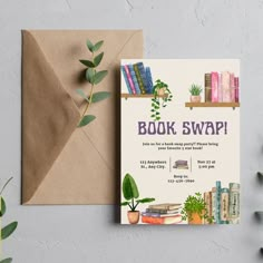 a book swap is on display next to an envelope with books and plants in it