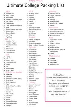 the ultimate college packing list is shown in pink and white, with text that reads ultimate college