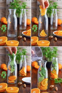 the process of making an orange slice in a glass pitcher with mint leaves and nuts