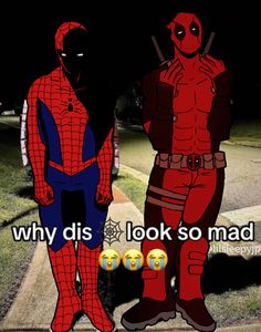 two men in costumes standing next to each other on a sidewalk with the caption, why dis look so mad