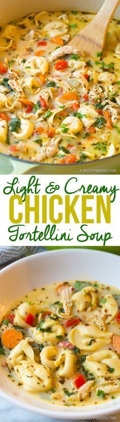 a bowl of chicken tortellini soup with a wooden spoon in it and the title