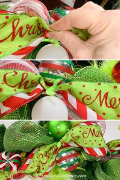 the christmas wreath has been decorated with green and red ribbons, white balls, and candy canes