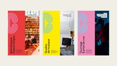 three vertical banners with different types of books on them