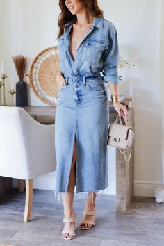 Casual Outfits With Heels Summer, Denim Dress And Cardigan Outfit, Denim On Denim Skirt Outfit, Medium Wash Denim Dress For Work In Spring, Medium Wash Denim Dress For Workwear In Spring, Chic Fall Midi Denim Dress, Fall Denim Dress For Workwear In Light Wash, Chic Medium Wash Denim Dress, Chic Relaxed Fit Denim Dress For Fall