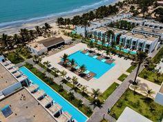 an aerial view of the resort and pool area