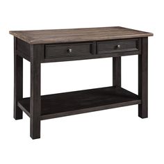 a wooden table with two drawers on top and one drawer underneath the table is dark brown