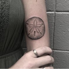 a woman's arm with a sand dollar tattoo on it