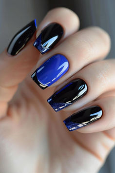 Royal Blue And Matte Black Combo: Nail Designs For A Royal Blue Dress Black And Royal Blue Nails, Royal Blue And Black Nails, Black Nails Short, Royal Blue Outfits, Blue Matte Nails, Shiny Nails Designs, Royal Blue Nails