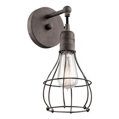 an industrial style light fixture with caged wire on the side and bulb attached to it