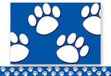 a blue and white border with paw prints on it, along with an image of a dog's paws