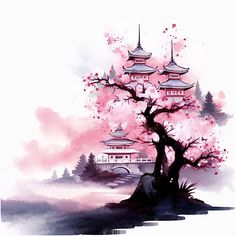 a painting of a tree with pink flowers in front of a building and trees on the other side