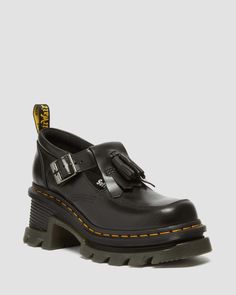 Corran Atlas Leather Mary Jane Heeled Shoes in Black | Dr. Martens Mary Jane Shoes Heels, Jadon Boots, Black Dr Martens, Heeled Chelsea Boots, Statement Shoe, Mary Jane Heels, Leather Mary Janes, Goodyear Welt, Chunky Heel