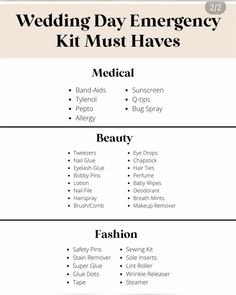 the wedding day emergency kit must haves for each bride and groom to use in their ceremony