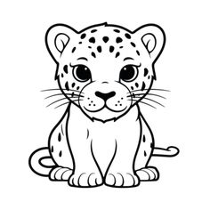 a black and white drawing of a cheetah sitting on the ground with its eyes wide open