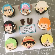 cupcakes decorated with the characters of one piece of cake