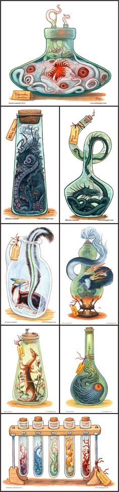 several different types of glass vases with designs on them