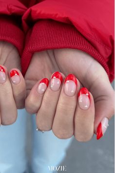 red french tips nails, chrismtas nails,  almond christmas nails, simple pearl nails, red nail ideas for christmas Red French Tips Nails, Nails Almond Christmas, Almond Christmas Nails, Nail Ideas For Christmas, Red And Green Nails, Red French Tips