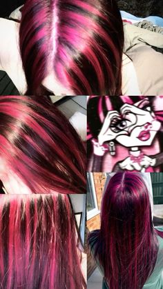 Red Hair With Magenta Highlights, Black And Wine Red Hair, Chunky Purple Highlights On Dark Hair, Hair Diy Ideas Coloring, Black Hot Pink Hair, Pink Skunk Highlights, Pink Chunky Highlights In Brown Hair, Pink Hair Streaks Curly, Skunk Hair Pink