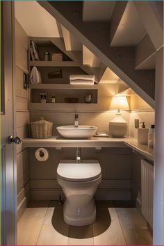 a bathroom with a toilet, sink and shelves under the stairs in front of it