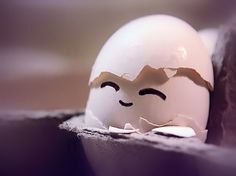 an egg has been hatched into the shape of a face with eyes and eyebrows