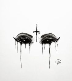 a drawing of two eyes with dripping tears on the upper part of each eye, and a cross in the middle