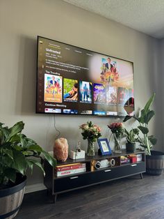 a flat screen tv mounted to the side of a wall next to potted plants