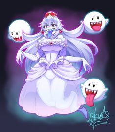 a woman in a white dress with her mouth open and two ghost faces around her