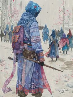 a painting of a person in the snow holding a stick and wearing a blue coat