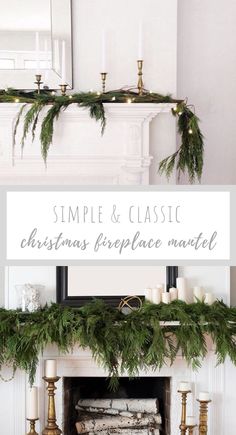 christmas fireplace mantel decorated with greenery and candles