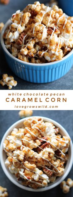 a bowl filled with white chocolate covered caramel popcorn