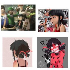 four different pictures of people with various hair styles and colors, one is wearing a ladybug costume