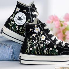 Welcome to LunnNest, a hand embroidered items shop. These are the most meticulously embroidered shoes that I give to you. I embroider them carefully and thoroughly with skillful hands. Converse type: Converse High Tops Chuck Taylor 1970s Converse color:  14. 1970s_Black Price includes: Shoes + Embroidery as Pictured I can buy it for you at a store near your home or you can send me the canvas shoes you have available. Your embroidered Converse, Vans shoes are ready to ship in 8-16 days. I need th Sneaker Embroidery, Converse Types, Cool Converse, Cute Converse Shoes, Shoes Embroidery, Embroidered Converse, Cute Converse, Embroidered Items, Preppy Shoes