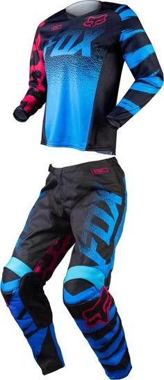 a blue and black motorbike suit with red lettering on the chest, pants and helmet