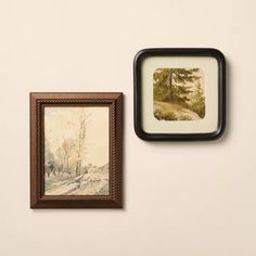 two framed paintings hang on the wall next to each other, one with a landscape