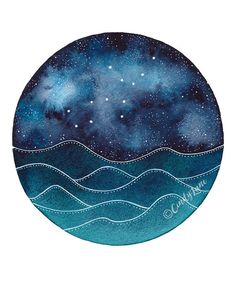 a blue and white painting with stars in the sky above water on a circular surface