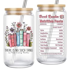 two glass mason jars with straws and labels on the lids, one is filled with books