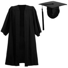 a black graduation gown and cap with tassels on it, next to a white background