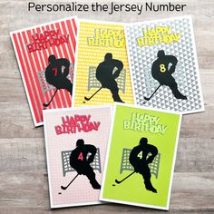 four birthday cards with hockey silhouettes on them