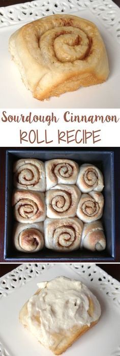 cinnamon roll recipe with cream cheese frosting on top and in the middle, then rolled up