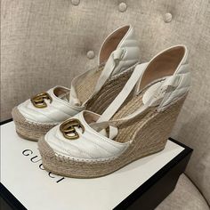 These Beautiful Gucci Wedges Have Been Worn Just A Few Times And Are In Excellent Condition As Pictured. The Gross Grain Ribbon Ties Around Your Ankle For A Very Flattering Look. Comes With Original Box. Gucci Wedges, Shoes Gucci, White Wedges, Ribbon Tie, Gucci Shoes, Womens Shoes Wedges, Original Box, Grain, Wedges