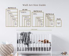 the wall art size guide for a baby's crib is shown in gold