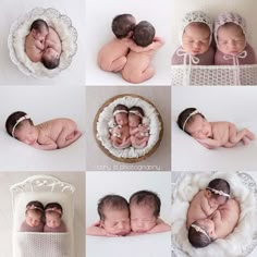 six photos of newborn babies sleeping in their cribs and posing for the camera