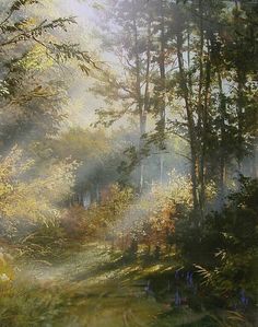 an oil painting of a forest scene with sunlight coming through the trees and sunbeams