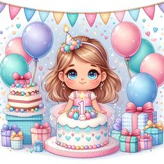 A charming illustration for a 1st birthday featuring a cute little girl, with light brown hair and blue eyes, at the center surrounded by pastel balloons, and a cake topped with a single candle. She is dressed in a festive party outfit, and the surroundings are decorated with glittering confetti and multicolored presents. The scene is all set against a backdrop of cheerful bunting. Her joyous expressions add to the celebratory ambiance of the party. Generated with these themes: 1St birthday, Mis Girl With Light Brown Hair, Cool Happy Birthday Images, Brown Hair And Blue Eyes, Candle Theme, Barbie Silhouette, Balloon Illustration, Charming Illustration, Party Cartoon, Its A Girl Balloons