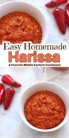 Bowls of sauce from red peppers with Pinterest overlay. Homemade Harissa, Harissa Recipe, Harissa Sauce, Harissa Recipes, Hot Sauce Recipes, Savory Dishes, Sweet Sauce, Middle Eastern Recipes