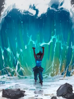 a woman standing in front of a giant wave with her arms up and hands raised