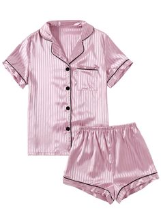 PRICES MAY VARY. Soft and lightweight silk satin material, this loungewear set is comfortable for your relaxing day or night. Two piece satin pajamas set featuring with a button front short sleeve shirt and a pair of shorts. Notch collar short sleeve top with a chest pocket, button up closure, piping trim. V neck stripe printed sleepshirt. Printed elastic waist shorts for a relaxed fit. Women's summer loungewear pajamas set with shorts. Casual 2 piece satin PJs sleepwear set for year-round wear. Victoria Secret Pyjamas, Pijama Satin, Pijamas Women, Satin Pjs, Silk Pjs, Pyjama Satin, Victoria Secret Pajamas, Satin Short, Silk Pajama Set