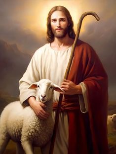 a painting of jesus holding a sheep in his arms