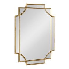 a gold framed mirror with an arched design on the front and bottom edge, against a white background